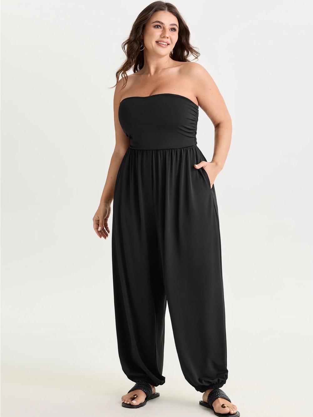 Strapless Black Ruched Jumpsuit with Pockets